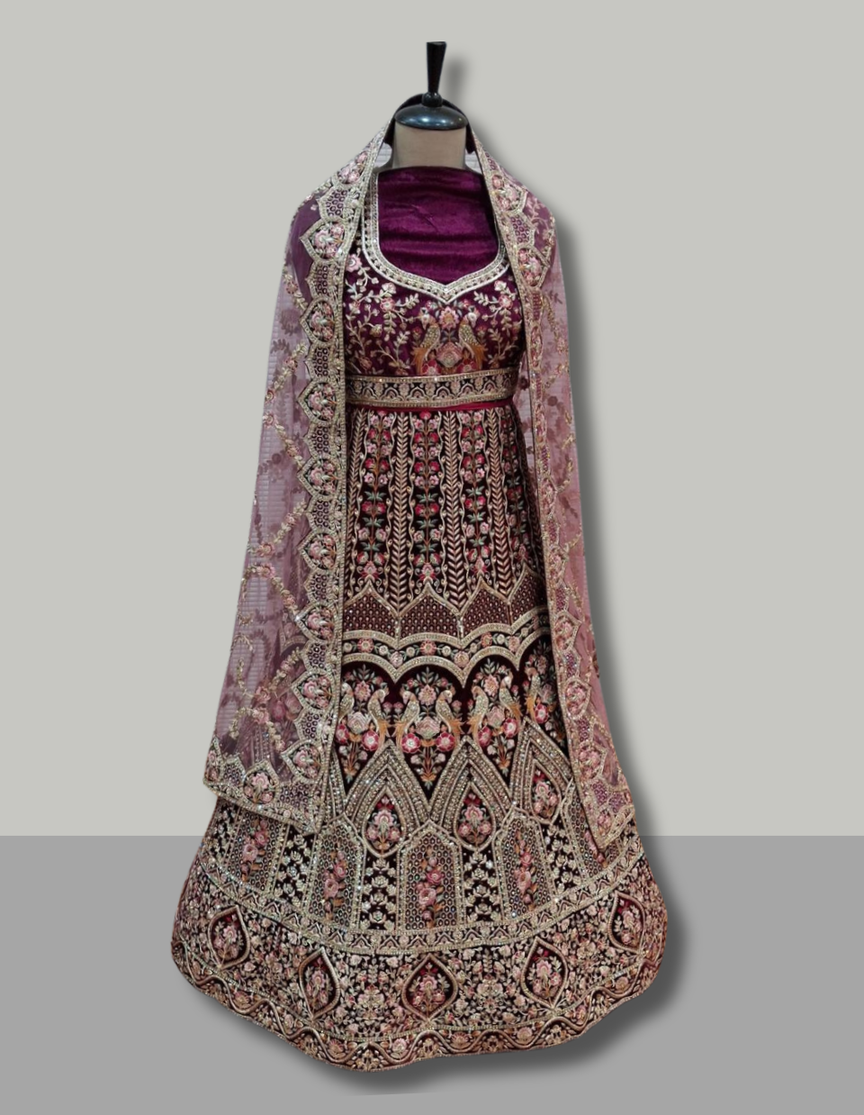 Deep Wine Velvet Bridal Lehenga with Pastel Embroidery & Mauve Dupatta