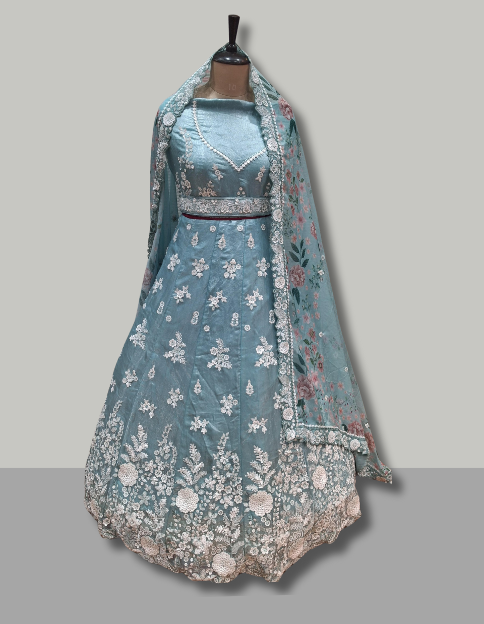 Blue Floral Lehenga with Pearl and Sequin Embellishment