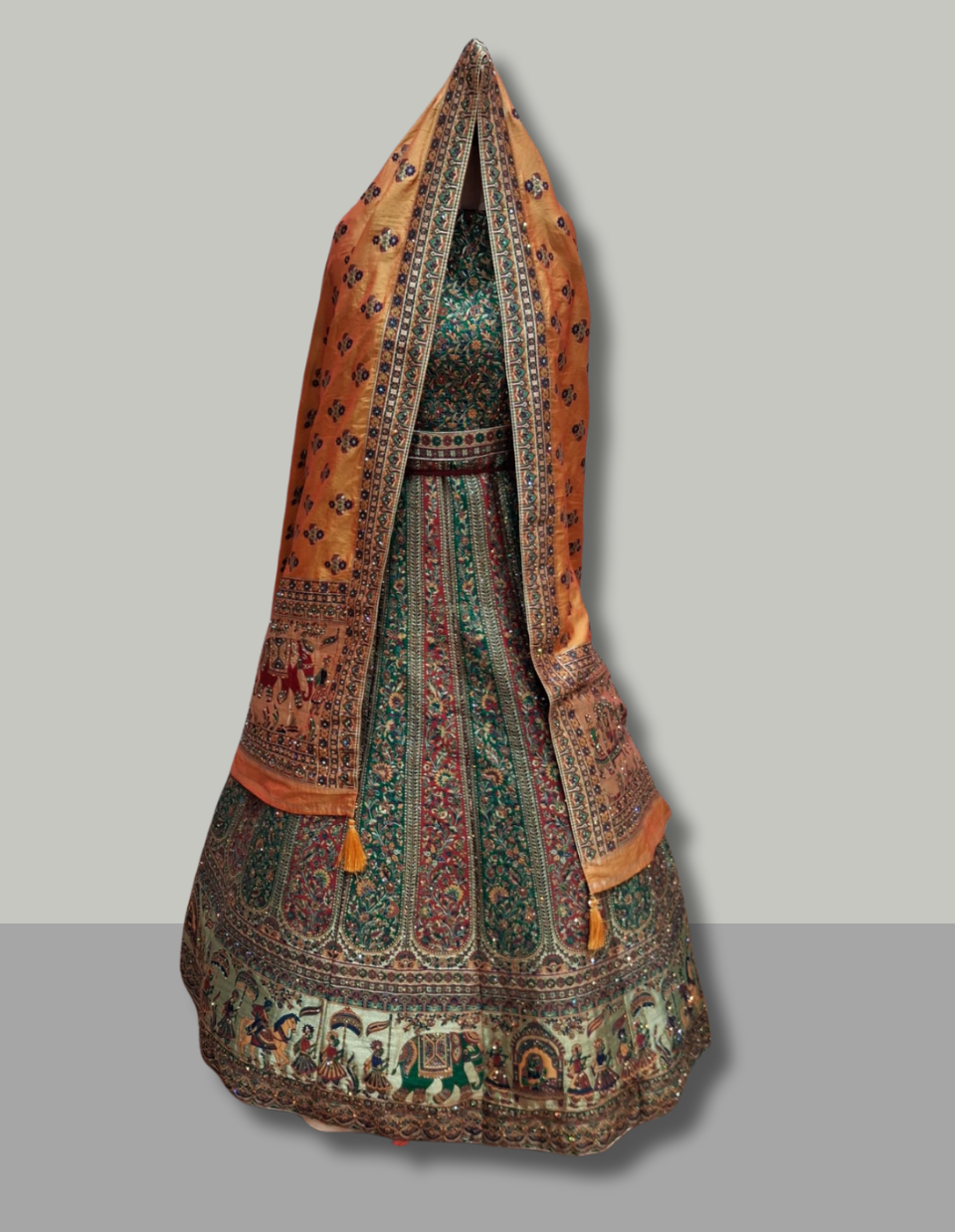 Banarasi Style Green & Orange Traditional Lehenga