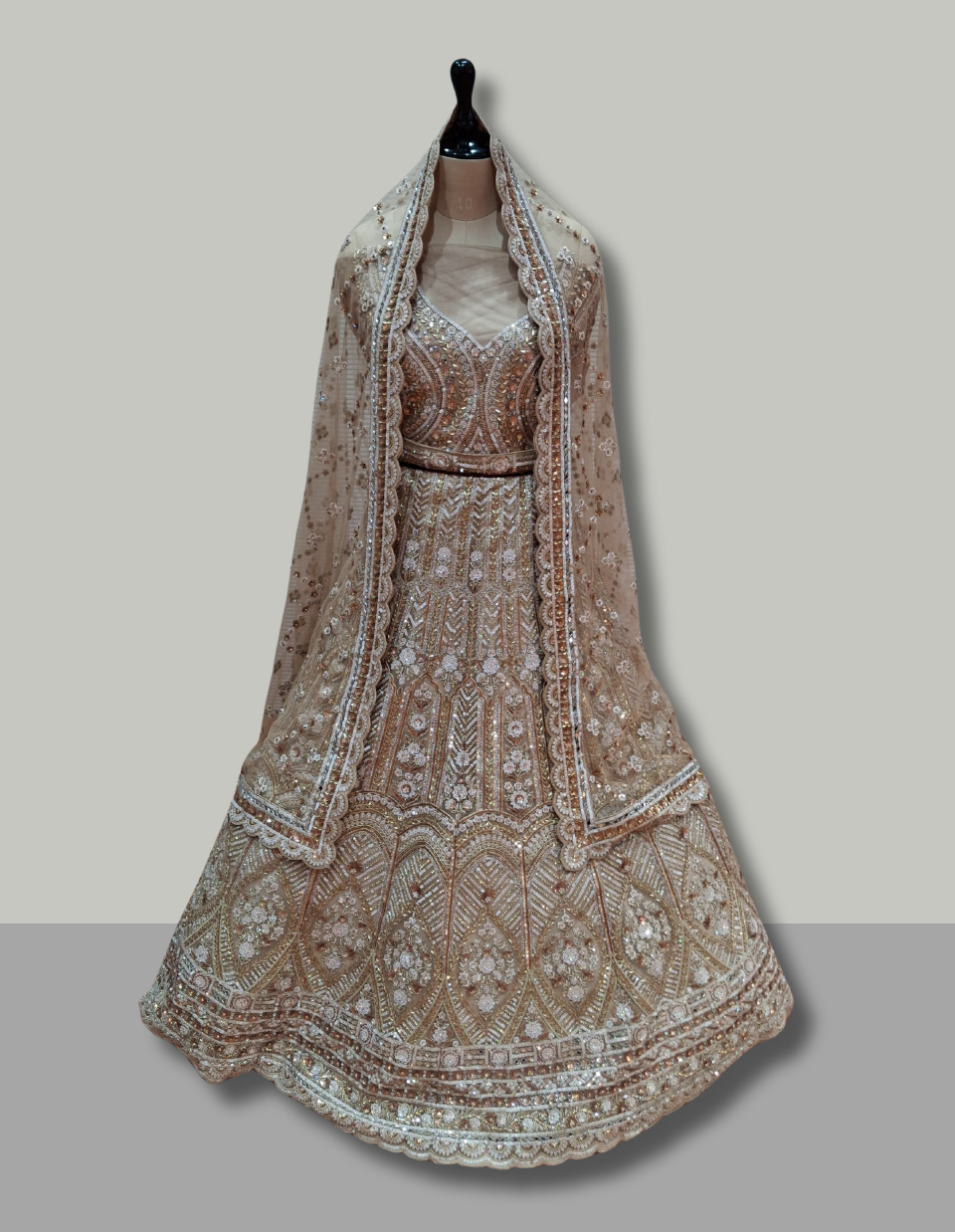 Classic Beige & Gold Embroidered Wedding Lehenga