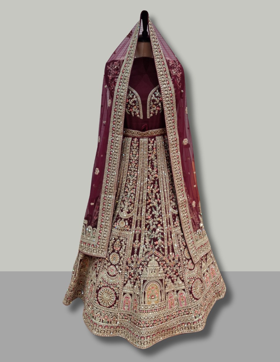 Maroon Velvet Zari Embroidered Bridal Lehenga