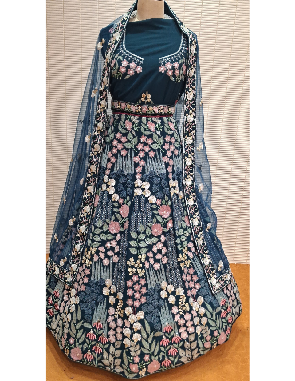 Teal Floral Embroidered Party Wear Lehenga with Dupatta – Keshav Creations