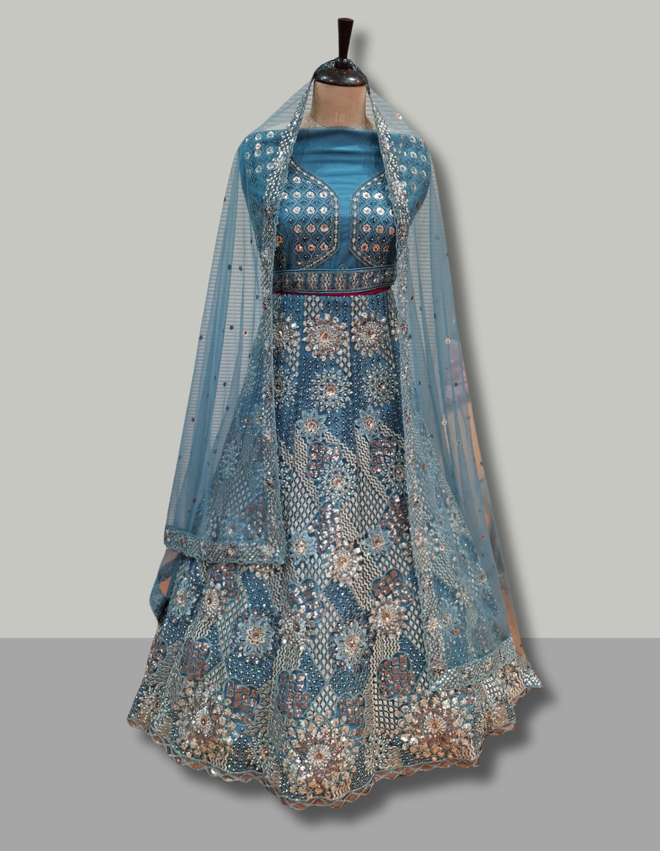 Teal Blue Embroidered Mirror Work Lehenga – Elegant Bridal & Partywear
