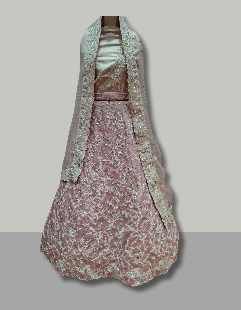 Dusty Rose Pink Net Bridal Lehenga with Cream Floral Embroidery