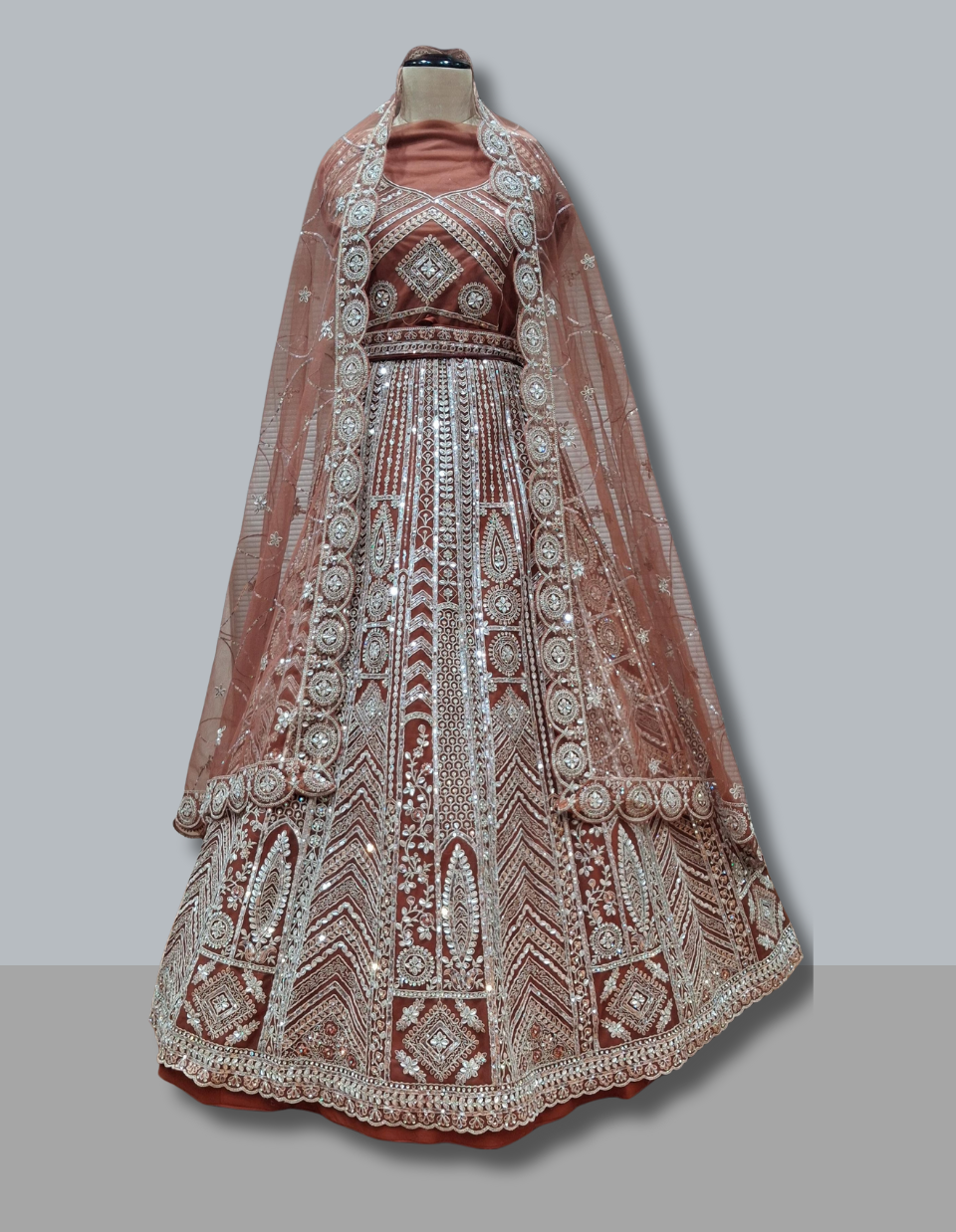Rust Brown Geometric Embroidered Designer Lehenga