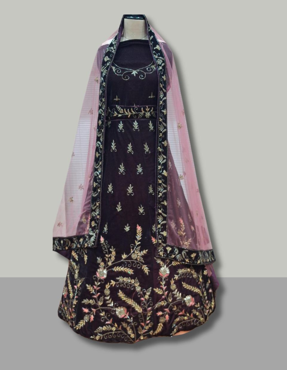 Plum Bridal Lehenga with Pink and Green Threadwork & Dusty Rose Dupatta