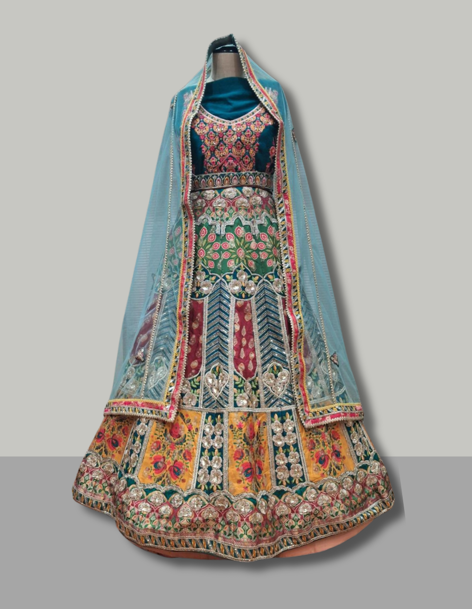 Peacock-Inspired Multicolor Embroidered Lehenga with Sky Blue Net Dupatta