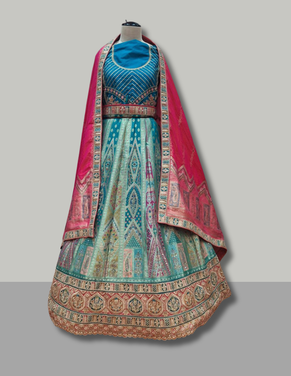 Mint Green Multicolor Patola Silk Lehenga with Red Dupatta