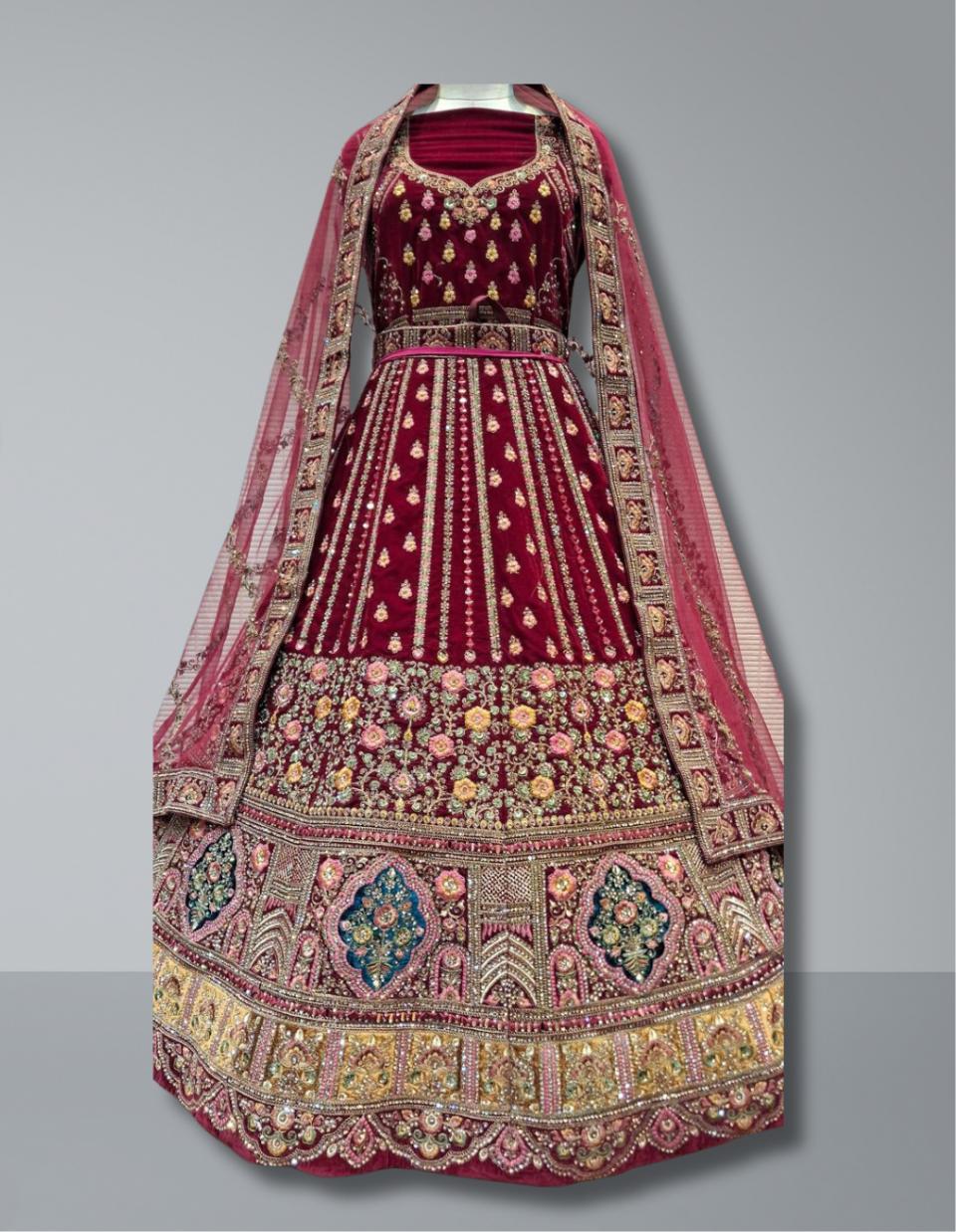 Magenta Velvet Bridal Lehenga with Heavy Embellished Detailing