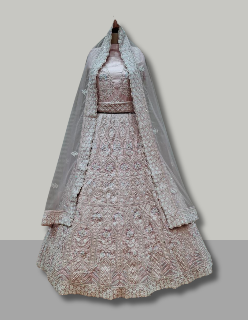 Baby Pink Net Lehenga with Mirror and Thread Embroidery