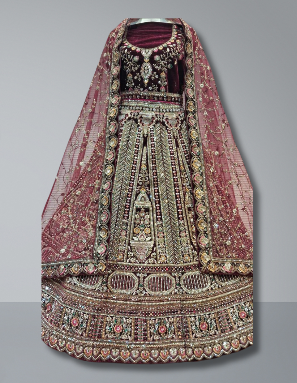 Maroon Velvet Bridal Lehenga with Intricate Hand Embroidery