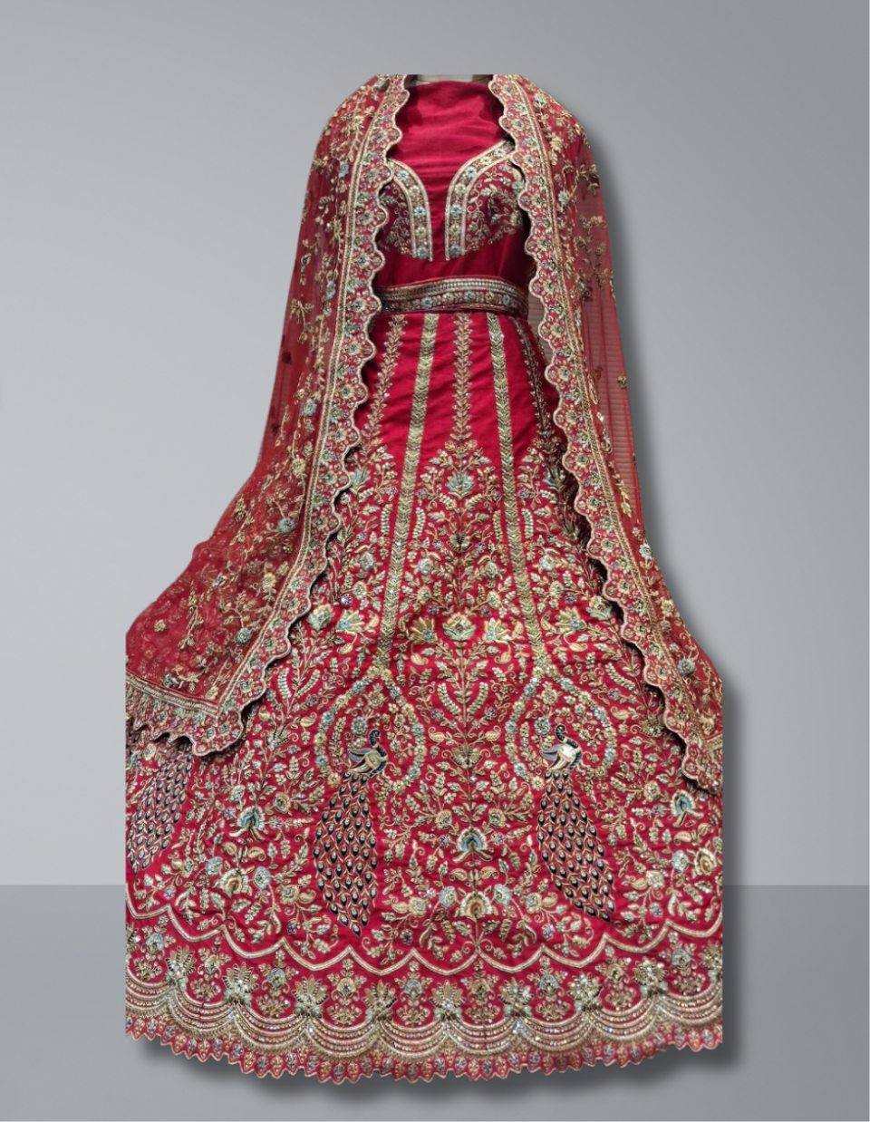Red Bridal Lehenga with Peacock and Floral Motifs