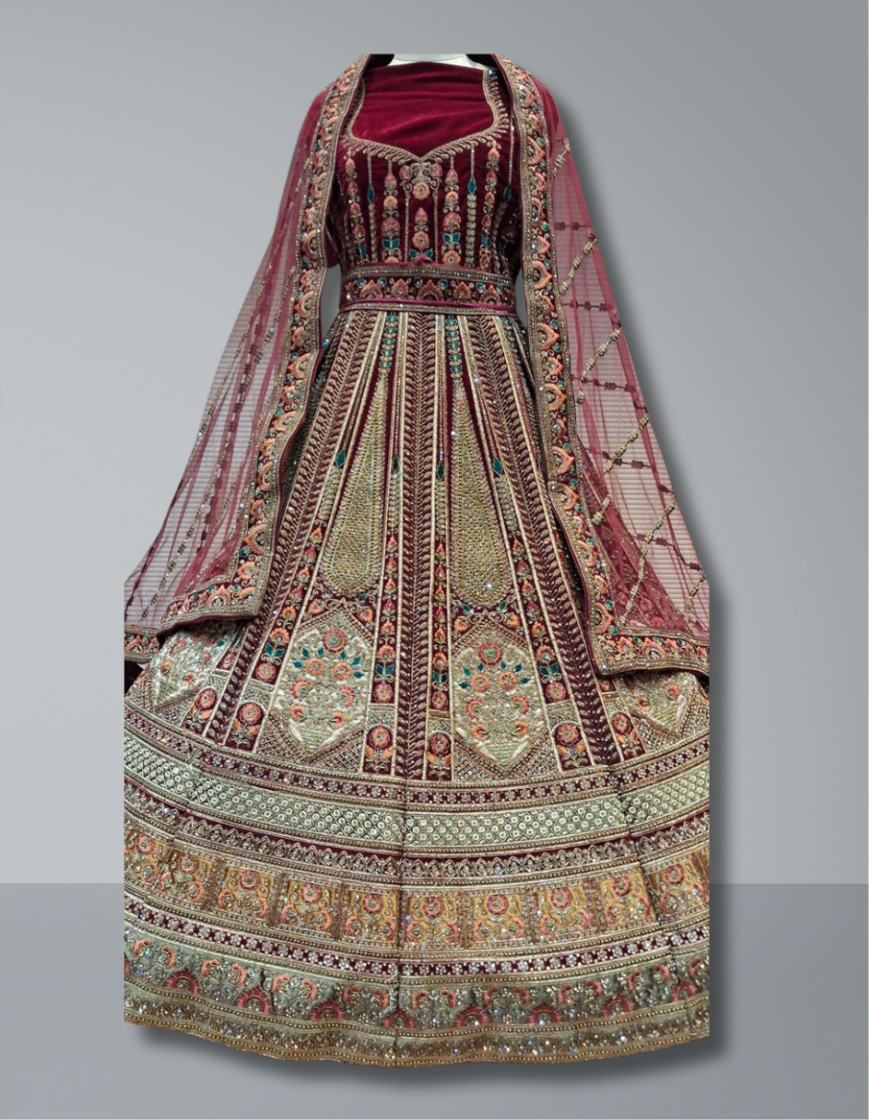 Maroon and Gold Bridal Lehenga with Intricate Embroidery and Handcrafted Detailing