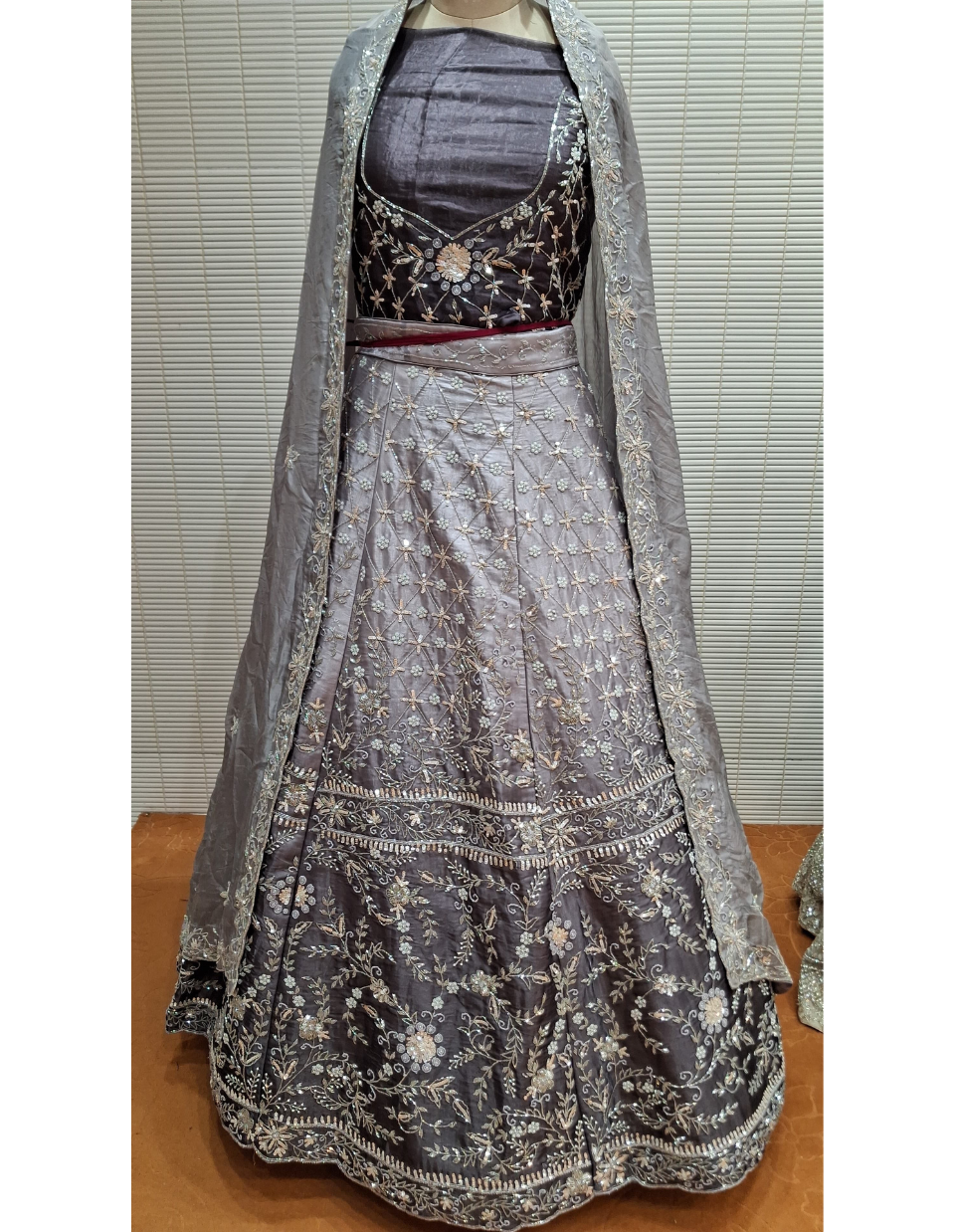 Metallic Mauve Net Bridal Lehenga with Silver Thread Work