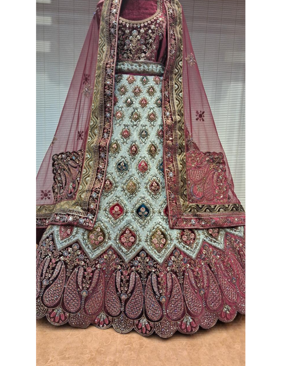 Maroon & Bluish-Silver Bridal Lehenga with Multicolor Embroidery and Mauve Net Dupatta