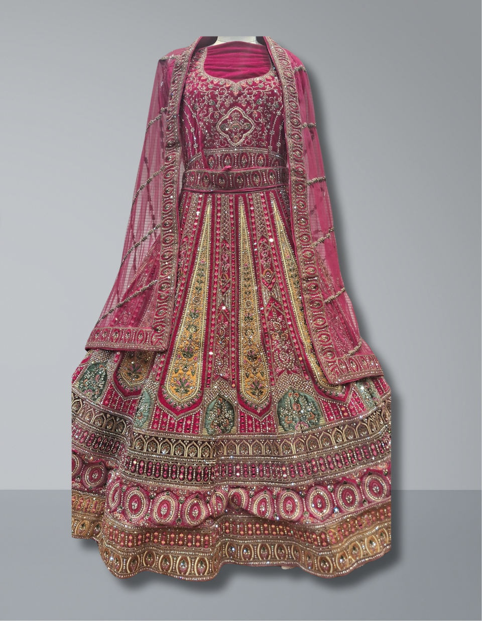 Magenta Bridal Lehenga with Traditional Multicolor Embroidery