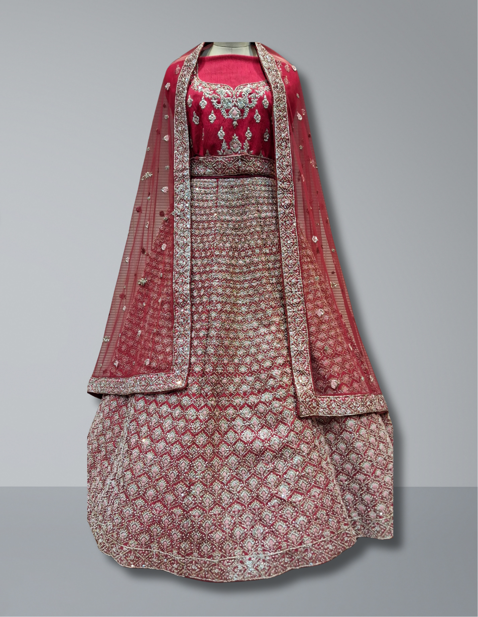 Exquisite Ruby Red Bridal Lehenga with All-Over Sequins and Embroidery