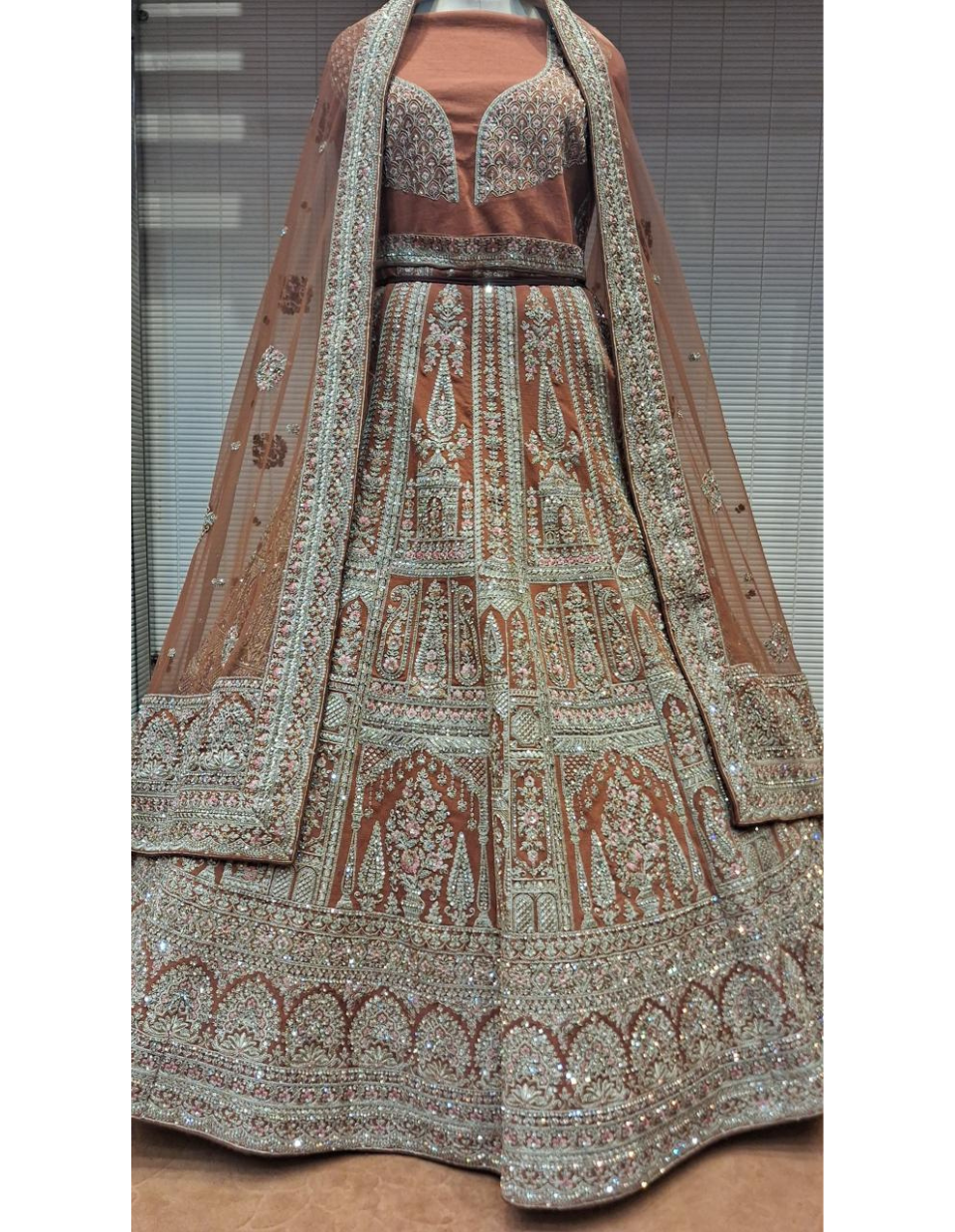 Brown Bridal Lehenga With Silver Embroidered