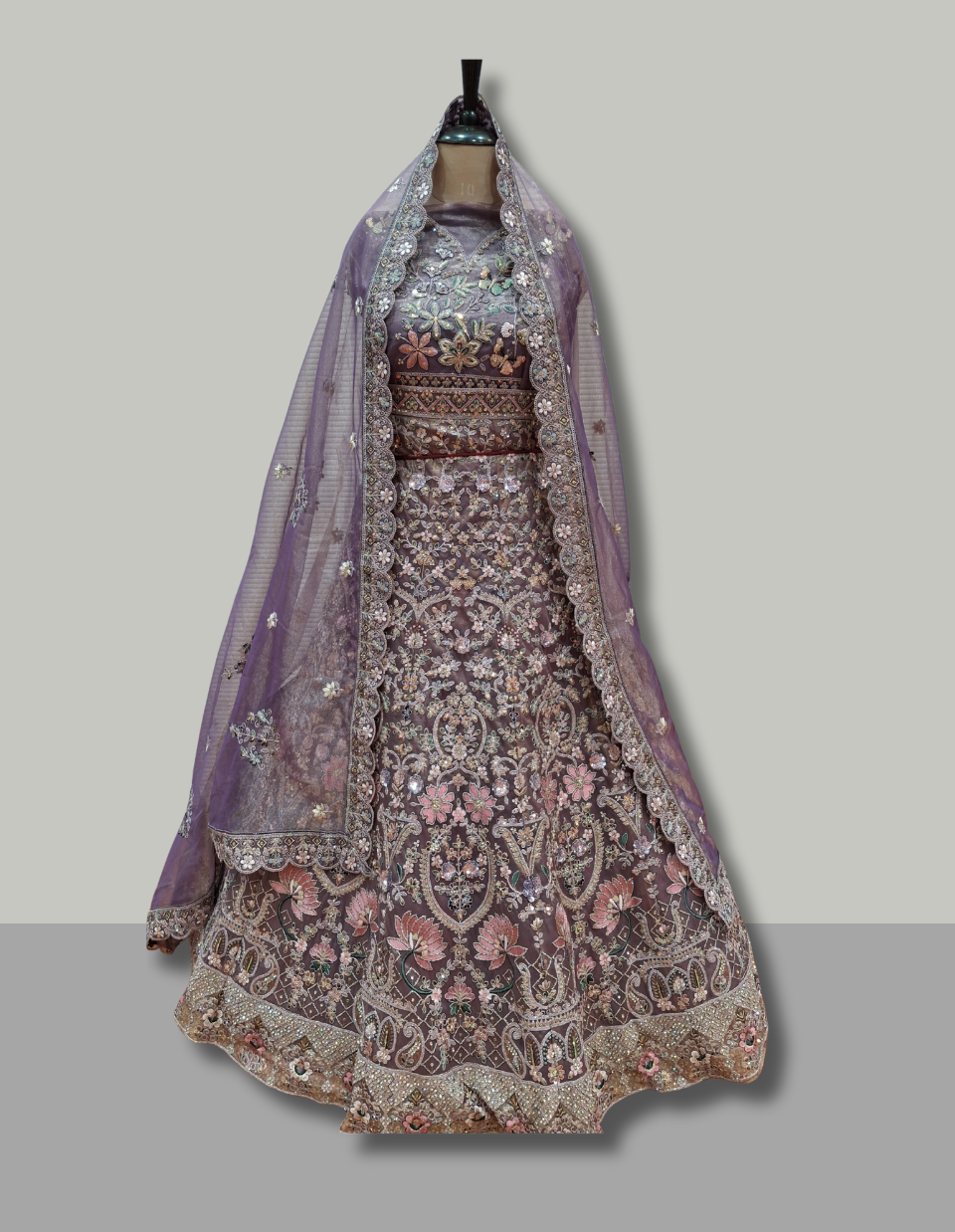 Plum Mauve Velvet Bridal Lehenga with Multicolor Floral Embroidery