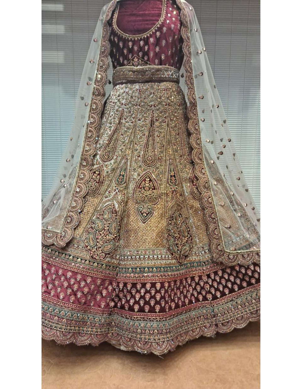 Champagne Gold Lehenga with Maroon Velvet Blouse & Dupatta