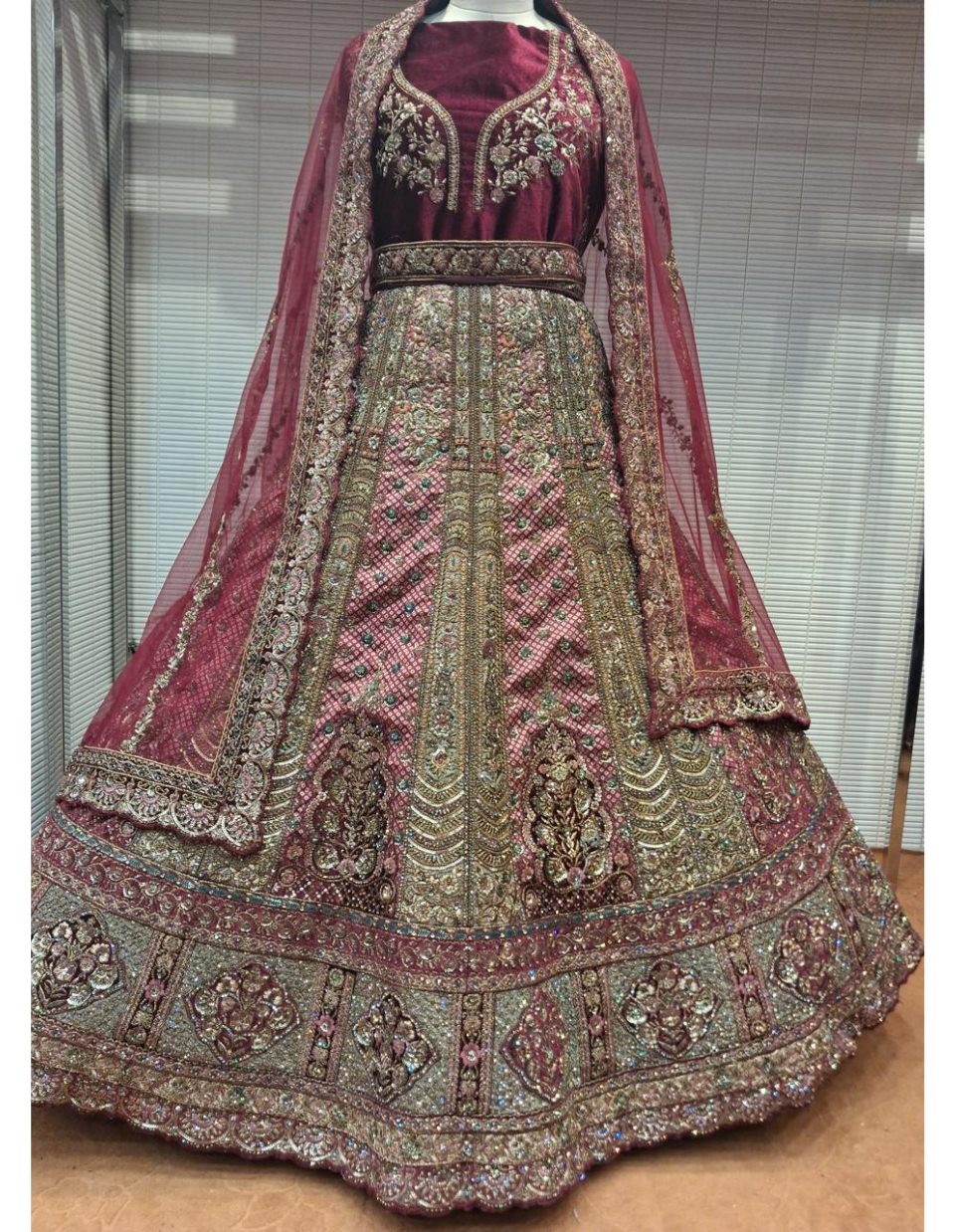 Grand Wine & Olive Embroidered Bridal Lehenga with Velvet Blouse