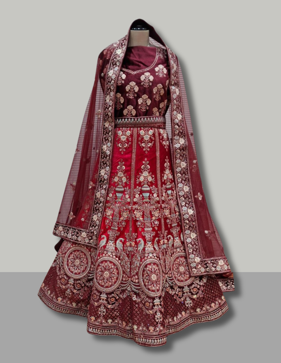 Regal Maroon and Red Velvet Embroidered Lehenga