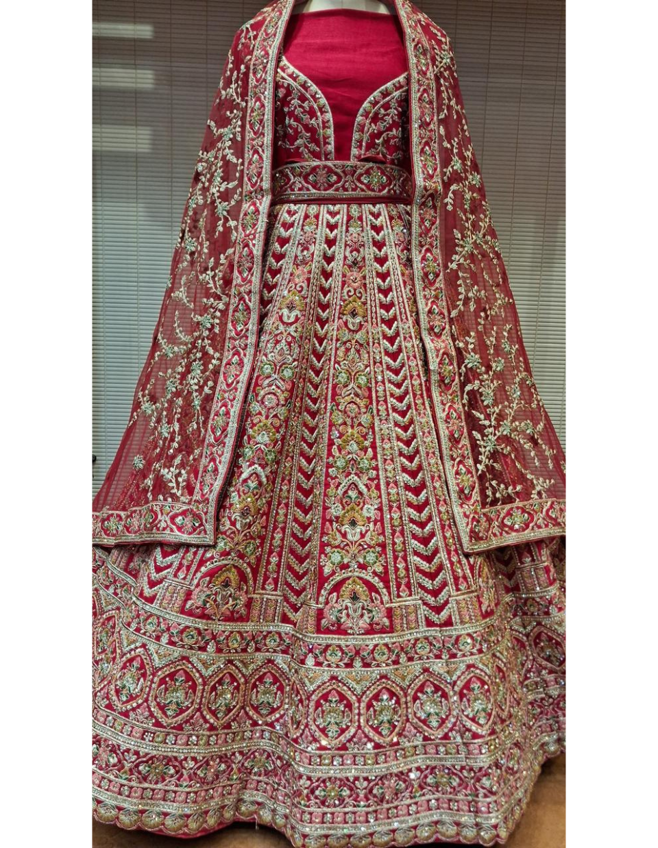 Majestic Red Bridal Lehenga with All-Over Zari Embroidery