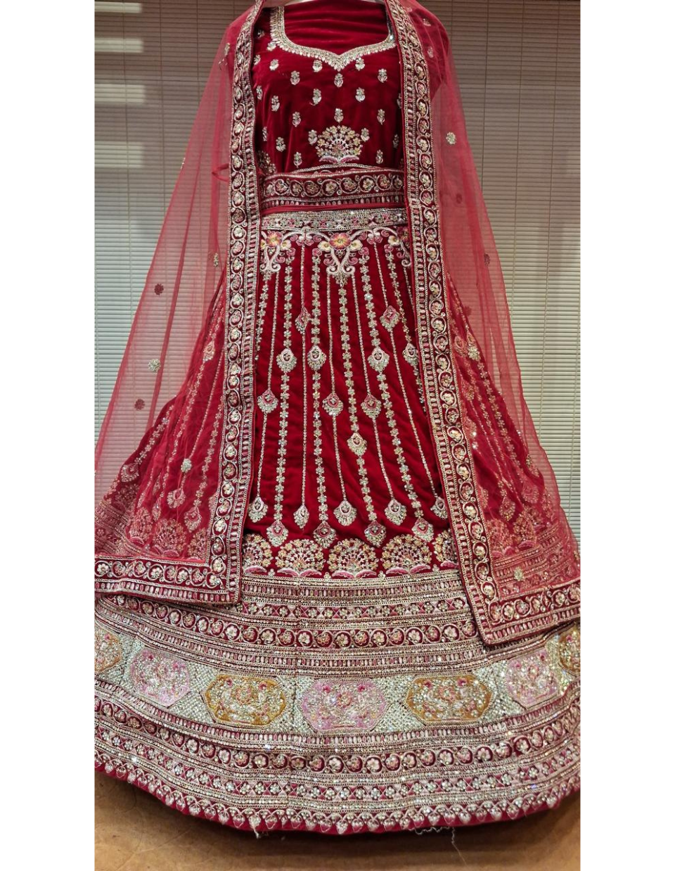 Royal Red Velvet Bridal Lehenga with Dual-Tone Embroidery