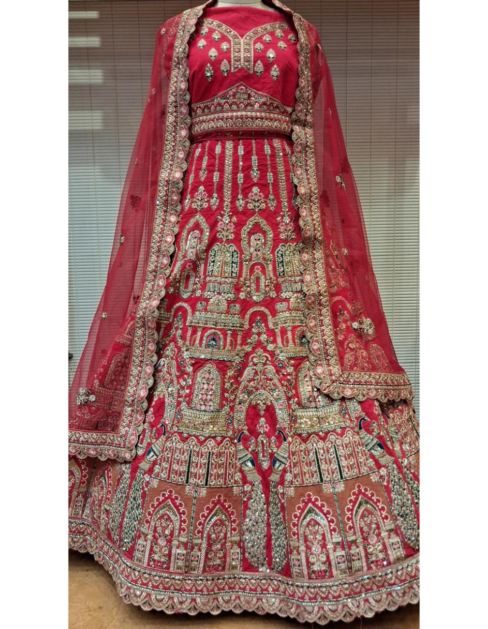 Traditional Red Bridal Lehenga with Temple Motif Embroider
