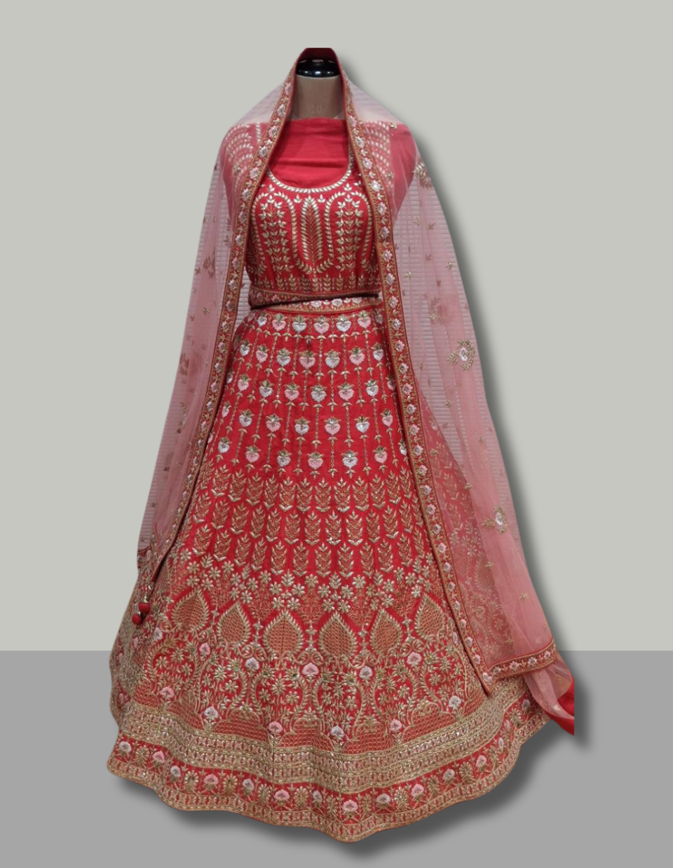 Elegant Red Embroidered Lehenga with Net Dupatta