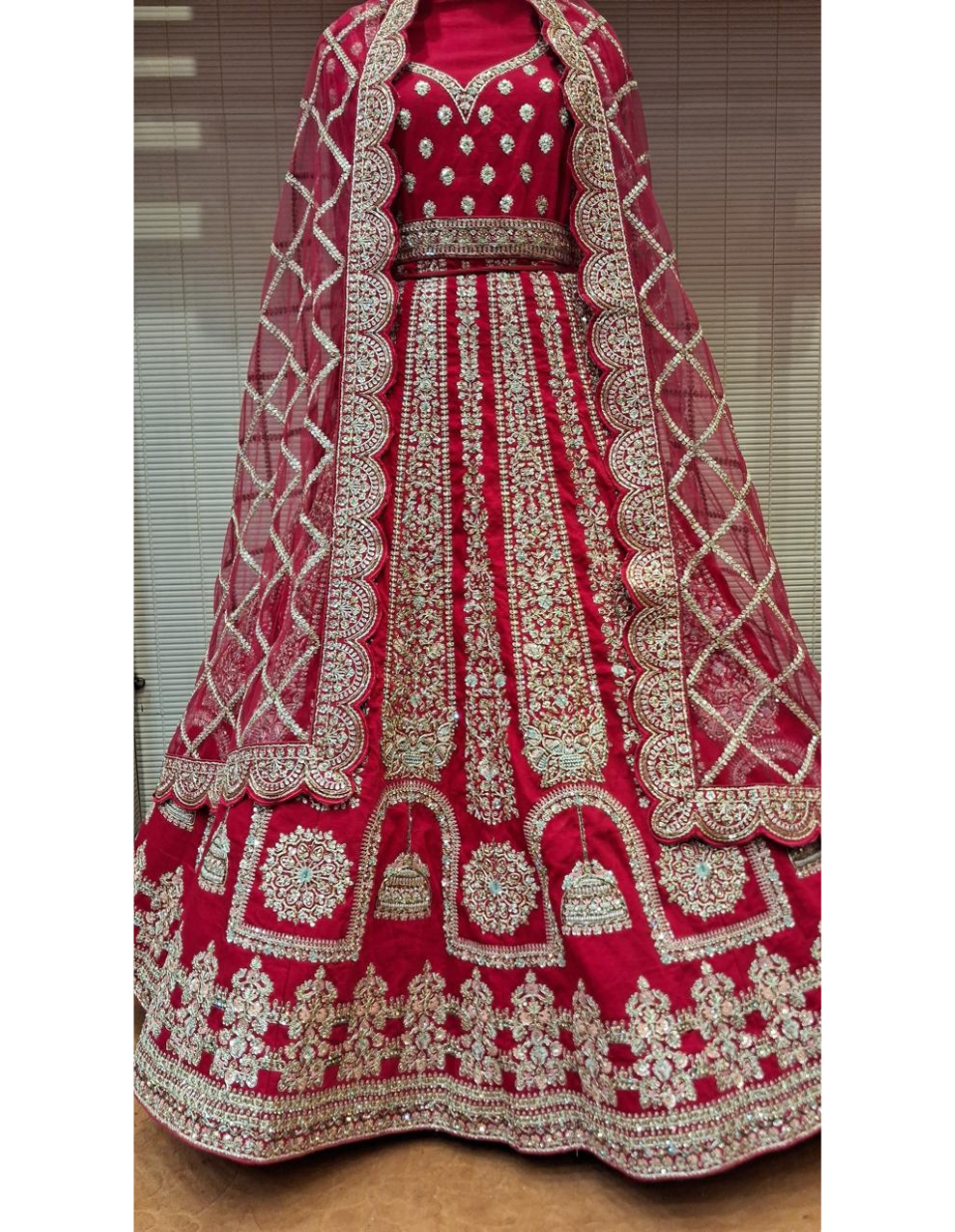 Royal Red Bridal Lehenga with Intricate Golden Zari and Mirror Embroidery