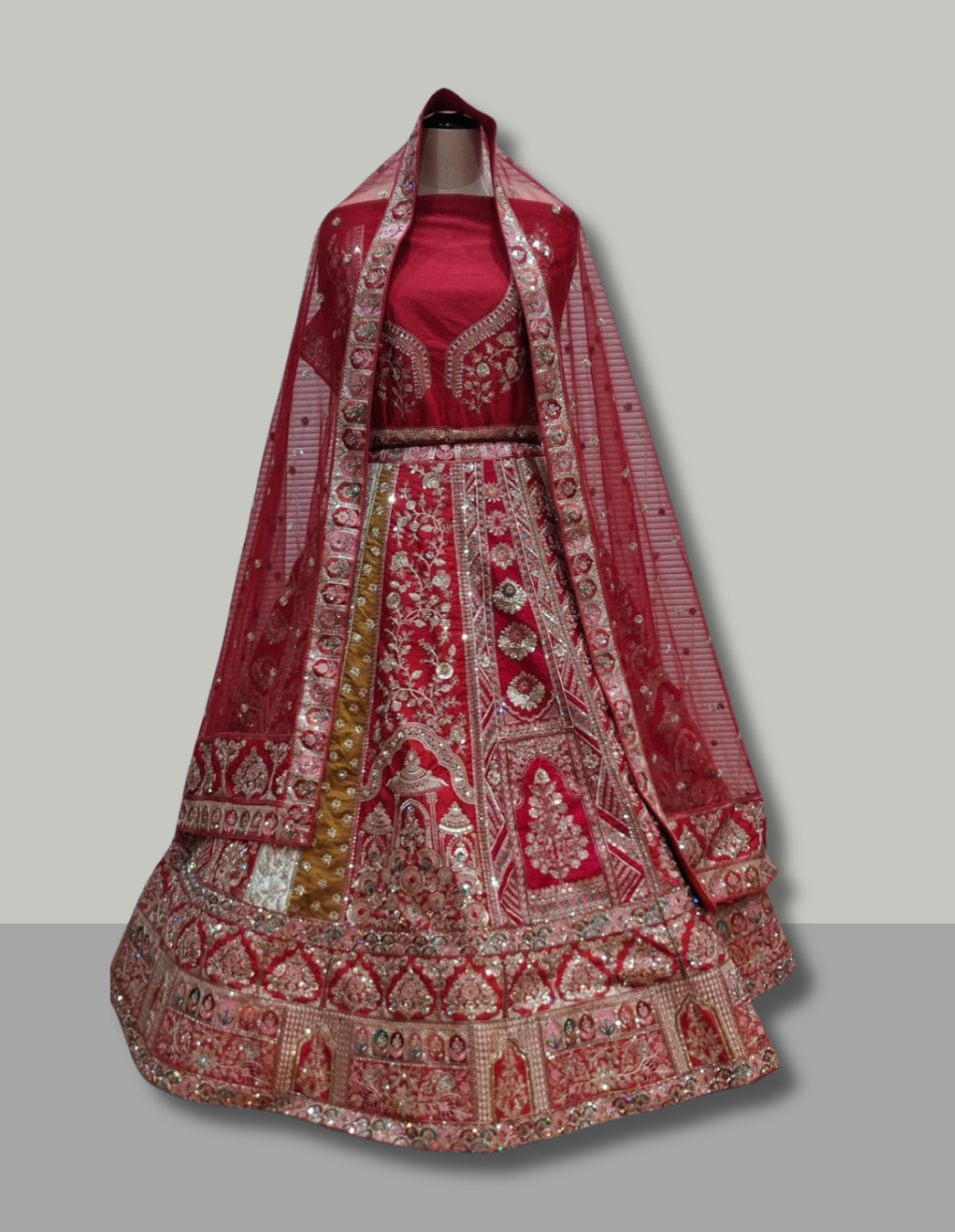 Luxurious Red Multi-Panel Embroidered Bridal Lehenga with Net Dupatta