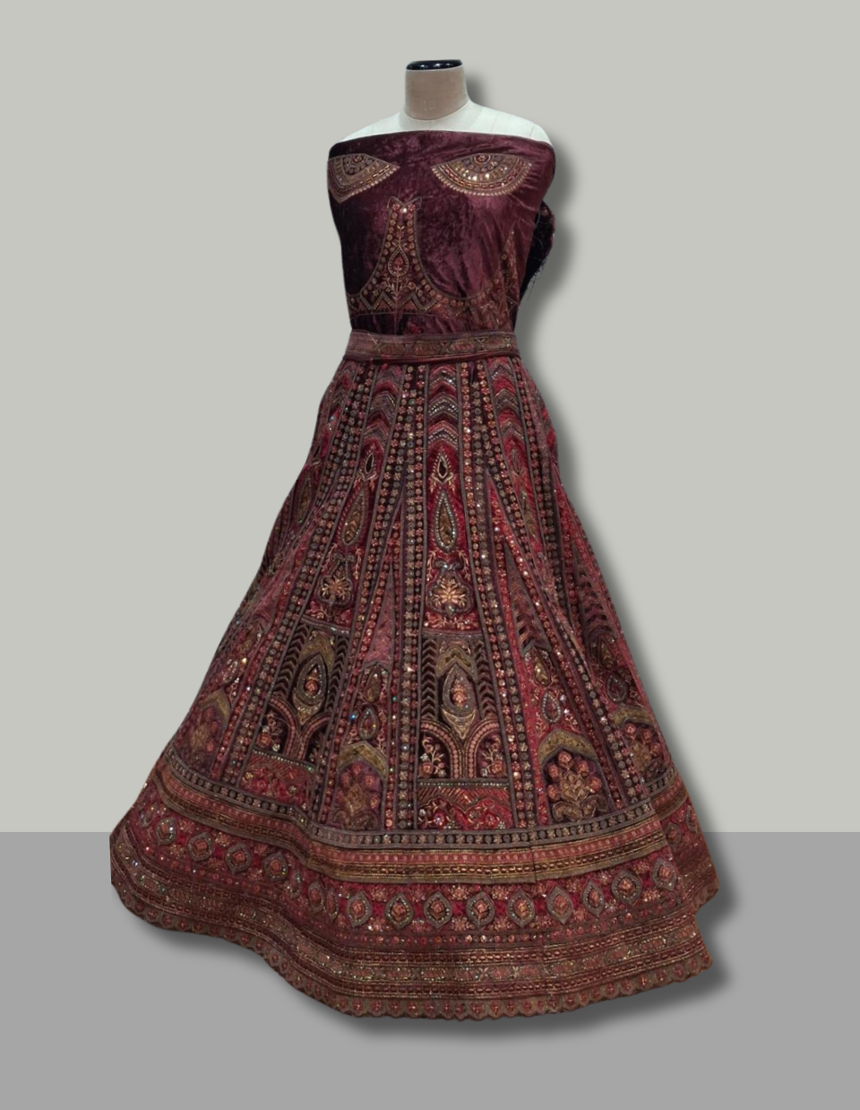 Maroon Velvet Bridal Lehenga with Antique Hand Embroidery