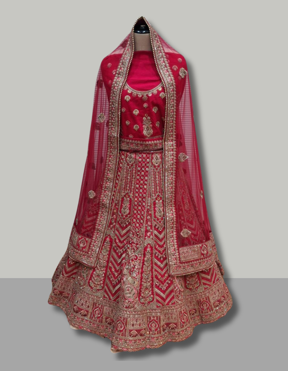 Crimson Red Bridal Lehenga with Intricate Thread and Sequin Embroidery