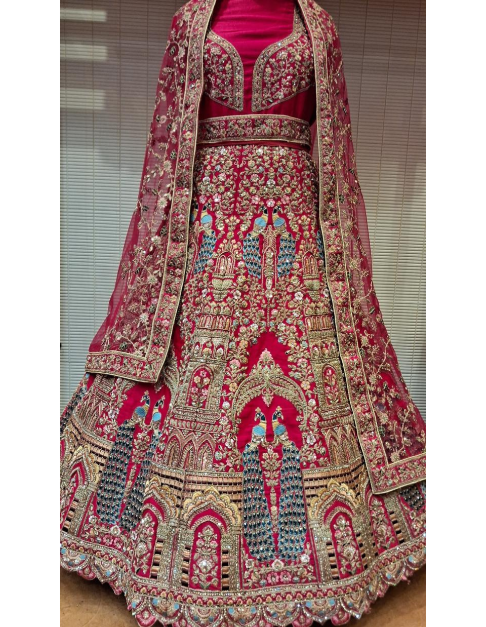 Deep Maroon Bridal Lehenga with Antique Gold Zari Embroidery