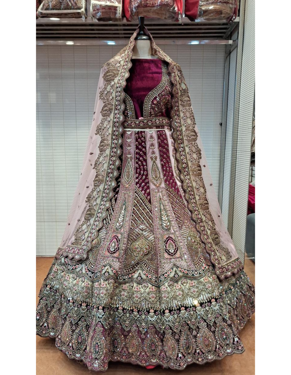 Vintage Wine and Gold Heavy Embroidered Velvet Lehenga