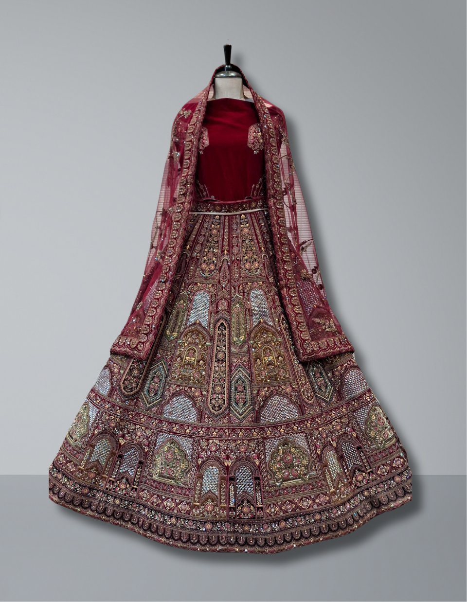 Luxury Maroon Architectural Embroidered Bridal Lehenga