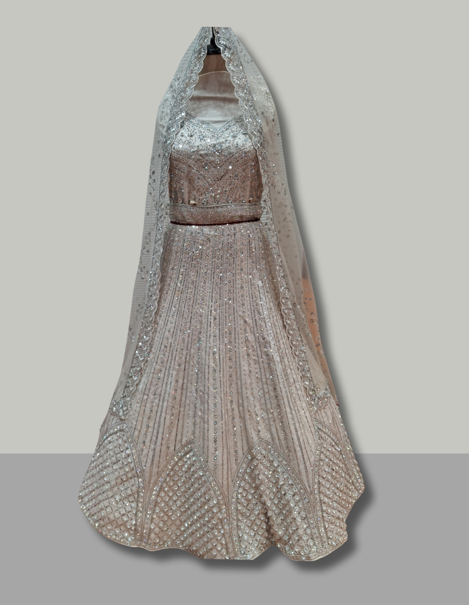 Rose Gold Heavy Embroidered Net Bridal Lehenga with Sequins Work