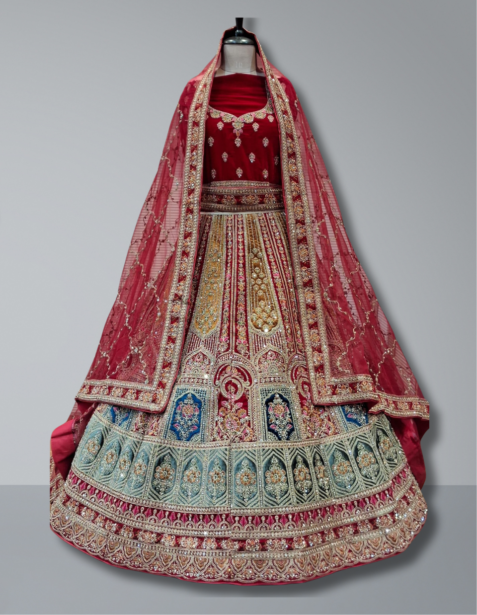 Maroon and Teal Embroidered Bridal Lehenga
