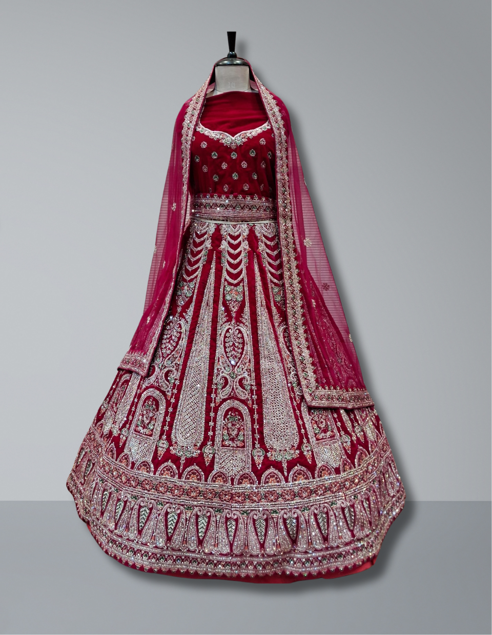 Elegant Red Velvet Bridal Lehenga with Intricate Embroidery