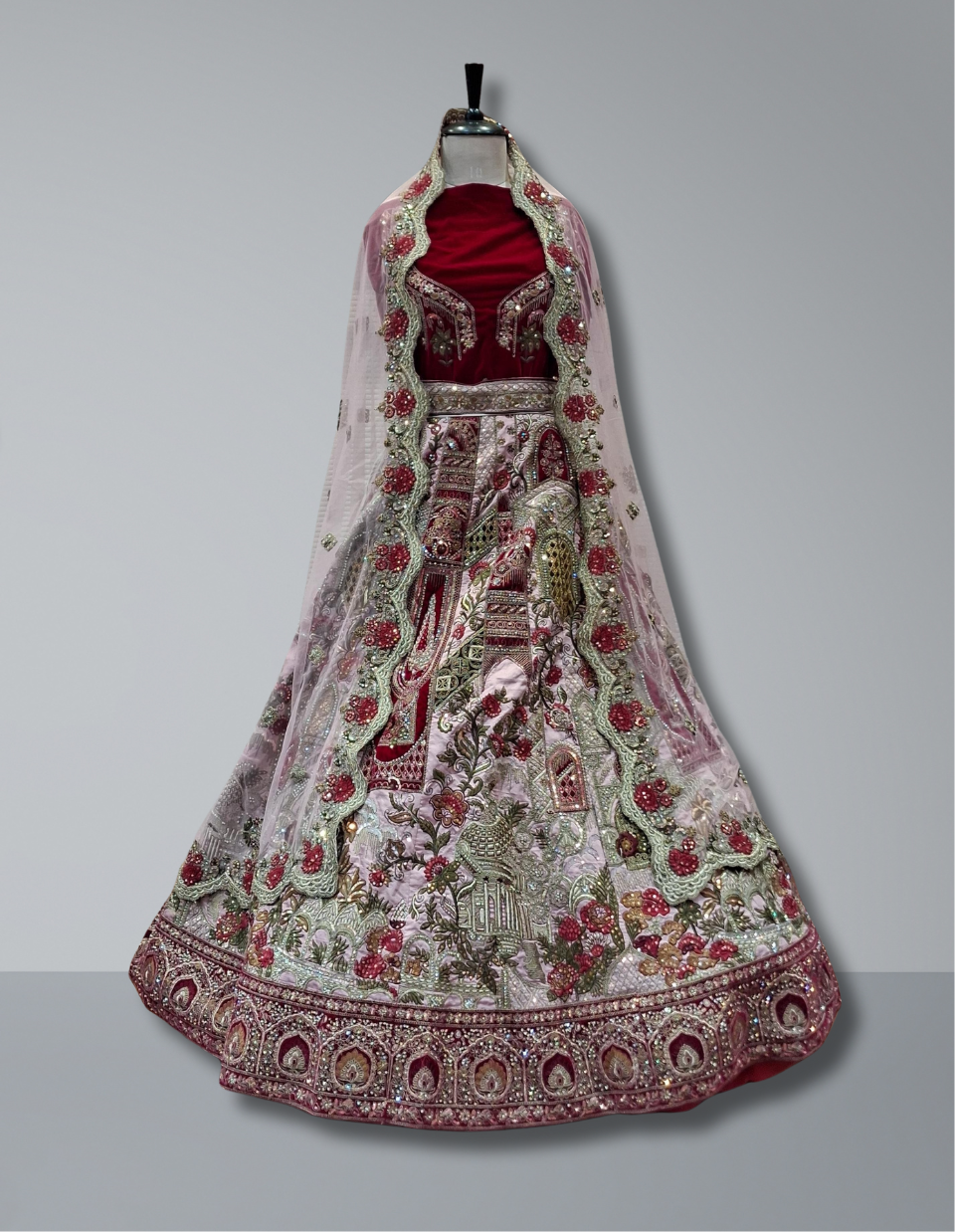 Maroon and Pink Bridal Lehenga with Intricate Embroidery