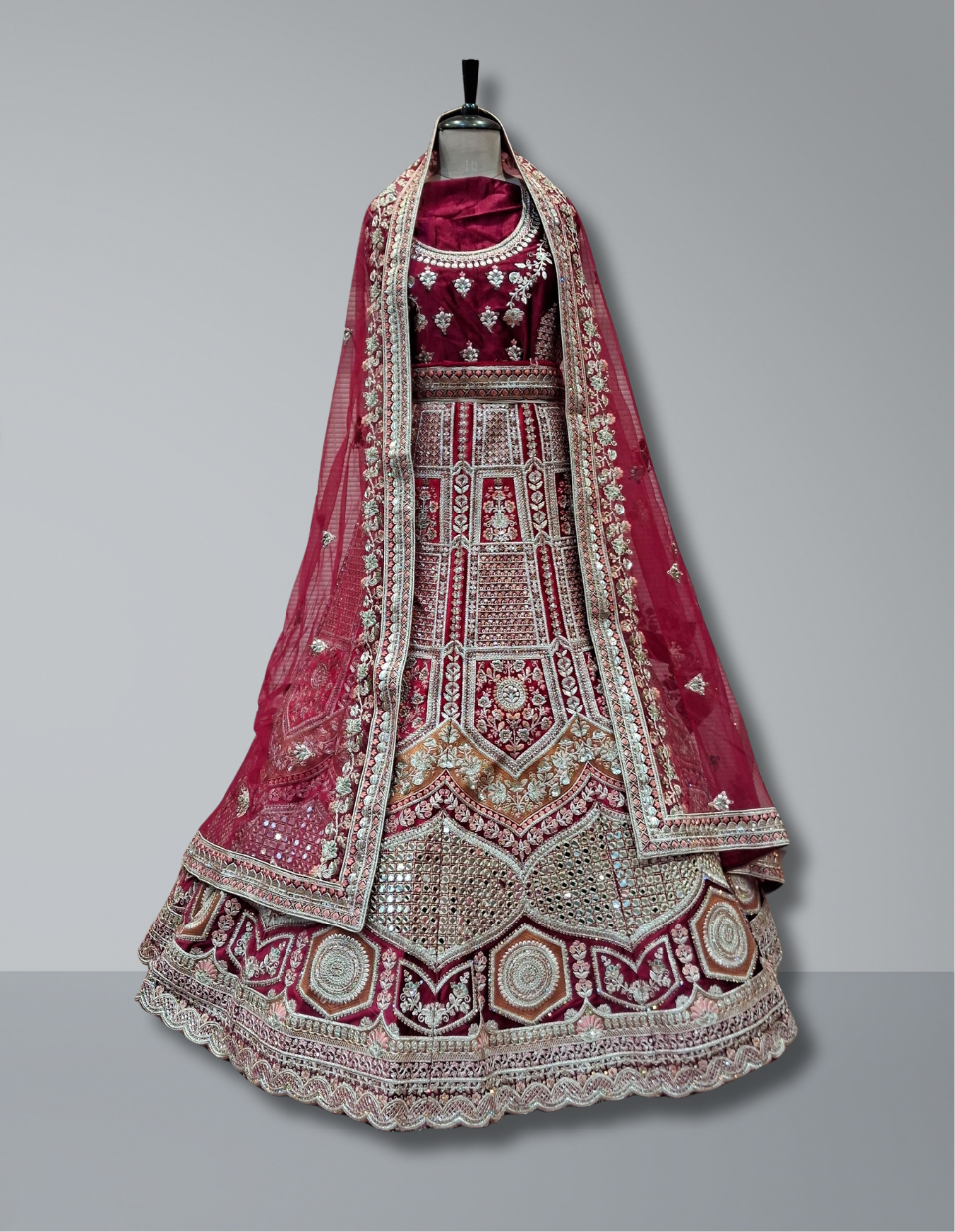 Elegant Maroon Velvet Bridal Lehenga with Intricate Silver Zardozi Work by Keshav Creations