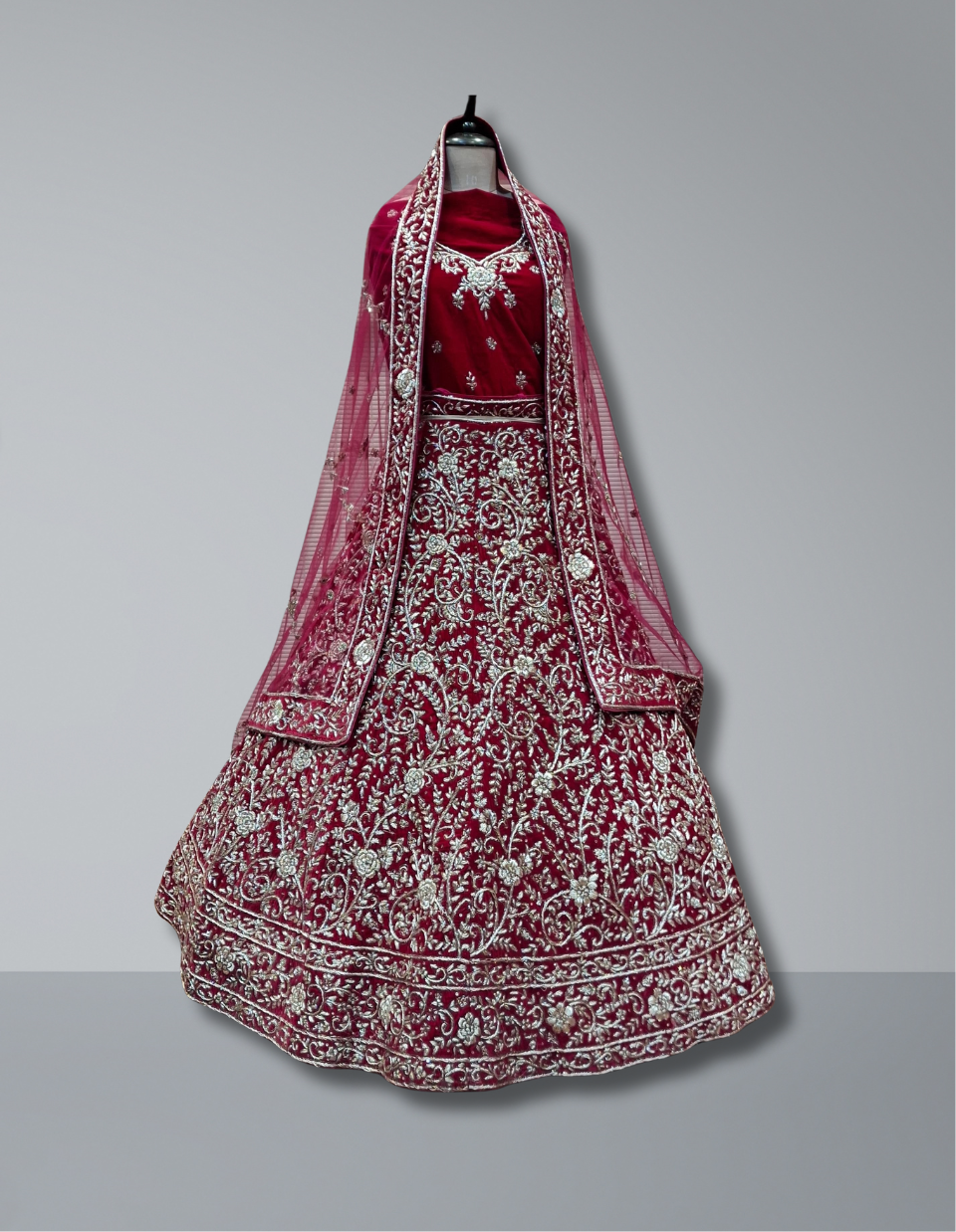 Maroon Bridal Lehenga with Floral Silver Zari Embroidery