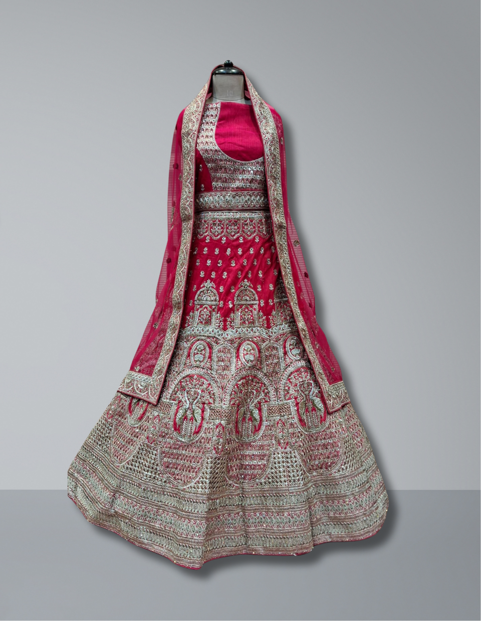 Designer Pink Bridal Lehenga with Silver Temple Motif Embroidery