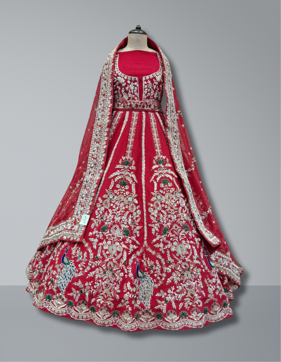 Elegant Red Bridal Lehenga with Peacock Motif Embroidery