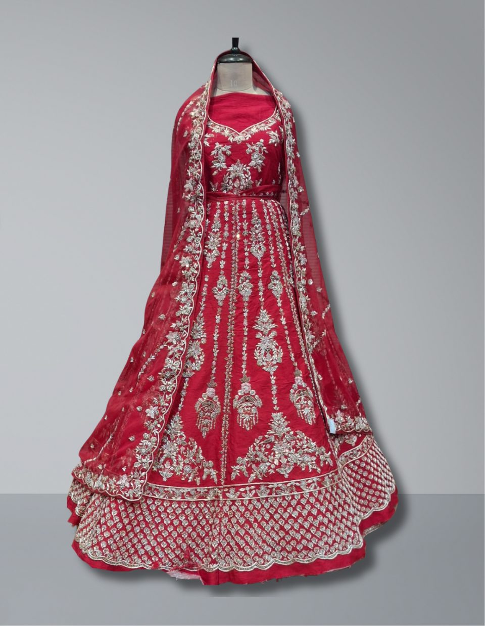 Luxurious Red Bridal Silk Lehenga with Exquisite Embroidery and Elegant Detailing