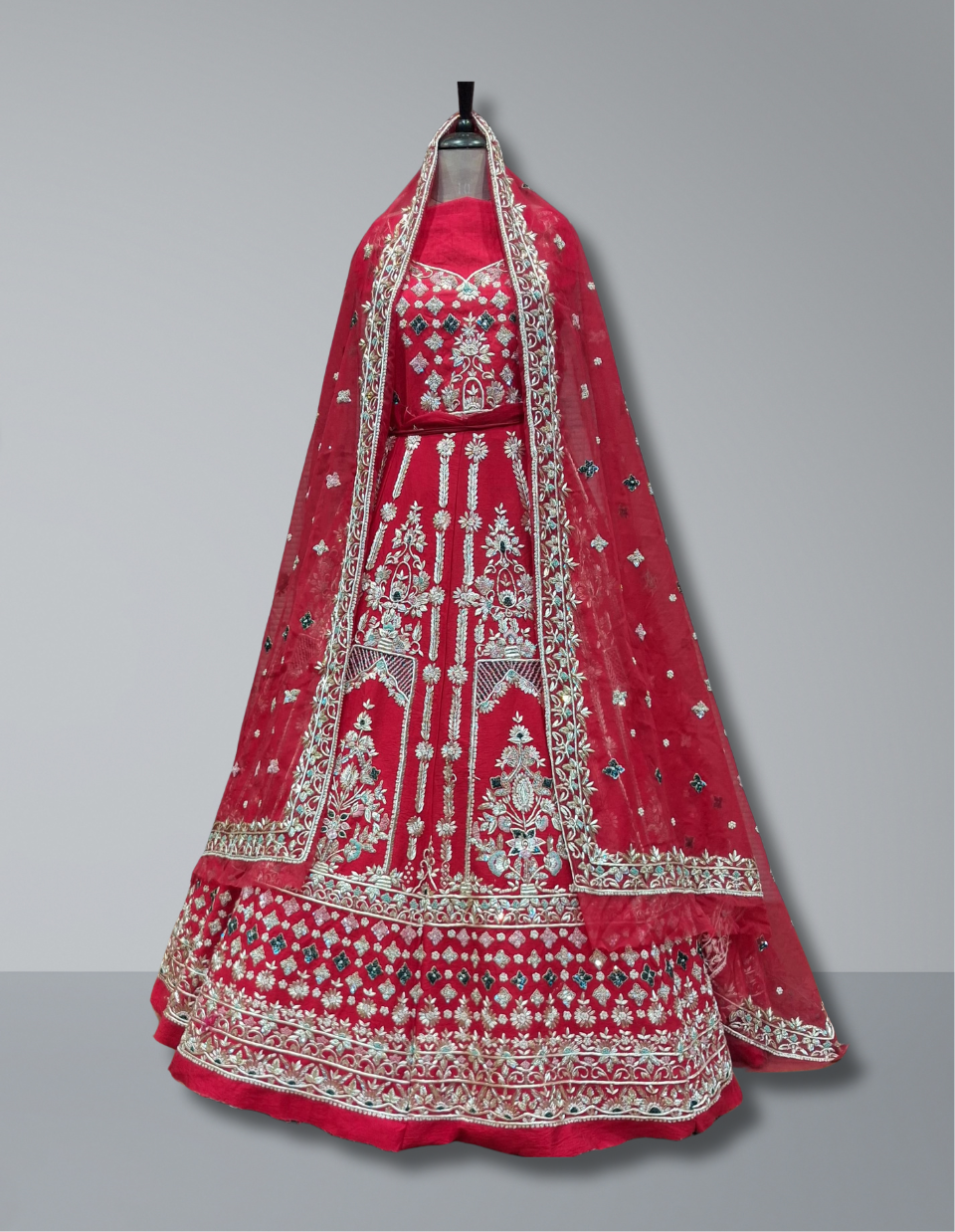 Elegant Red Bridal Silk Lehenga with Golden Embellishments