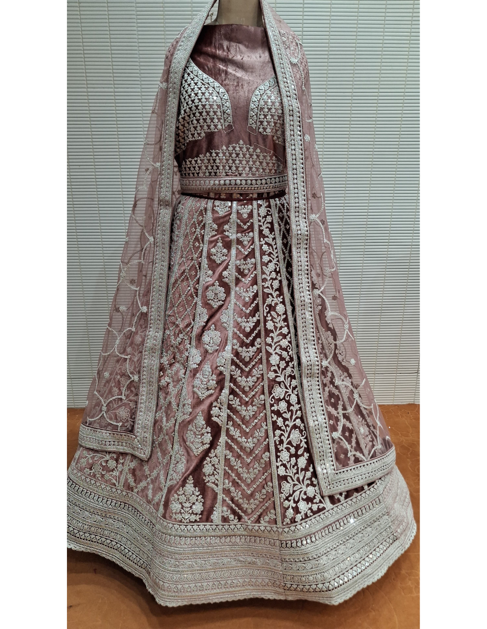 Dusty Mauve Velvet Lehenga with Intricate White Thread Embroidery
