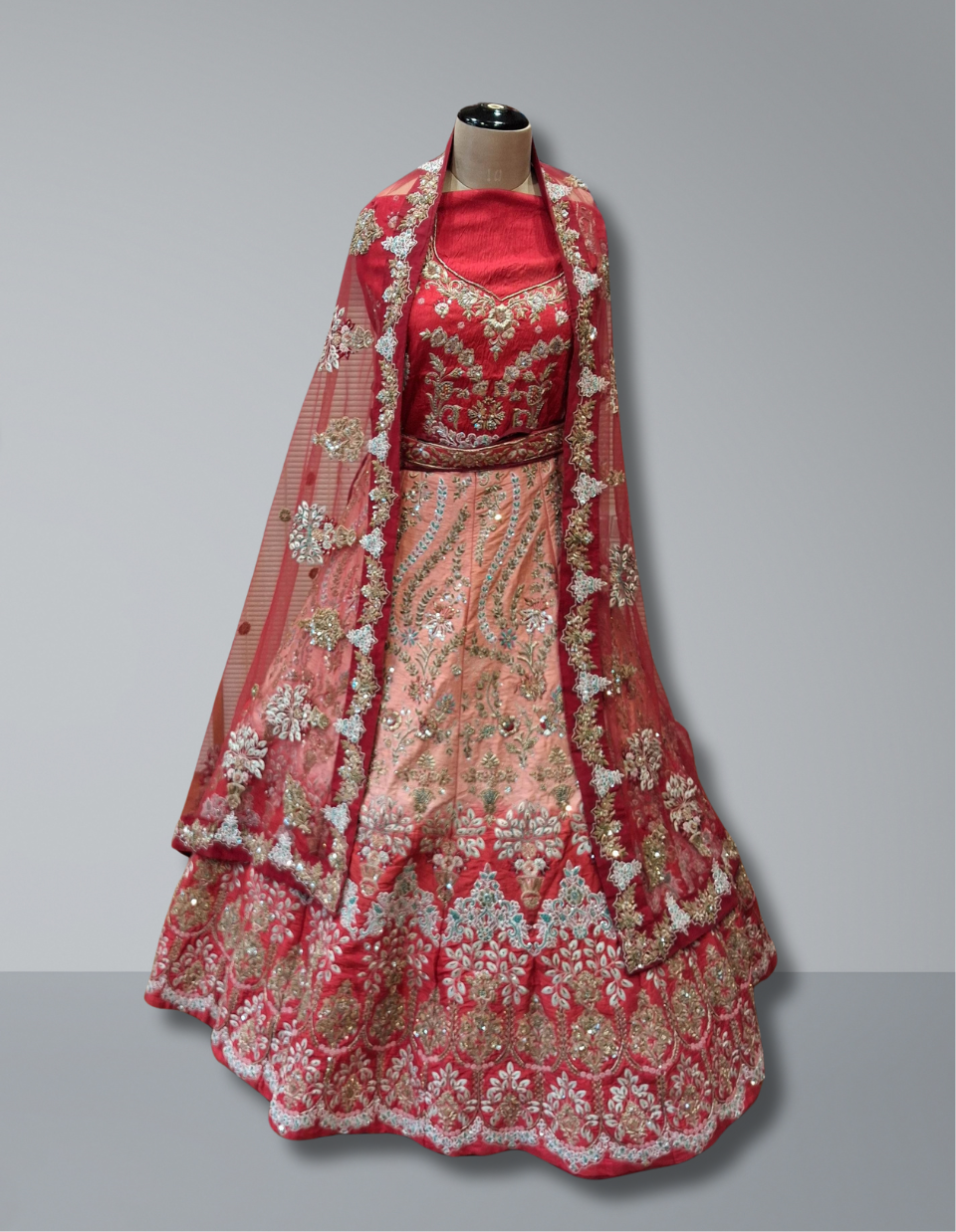 Royal Red & Peach Embroidered Bridal Lehenga