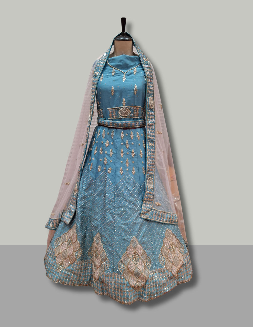 Sky Blue Embroidered Lehenga Set with Peach Net Dupatta